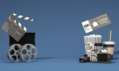 Movie time 3d render illustration. Cinema poster concept on color background. Composition with popcorn, clapperboard, 3d glasses and filmstrip. Cinema banner design for movie theater.