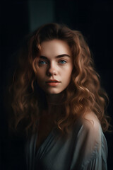 Naklejka premium portrait of a European woman in simple rustic clothes on a field background, , natural photo, soft light, ai generative art