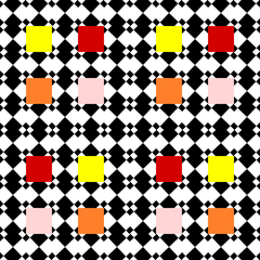 black and white seamless pattern with colorful shapes