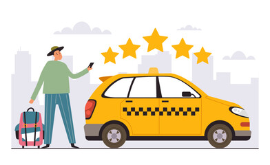 Taxi car travel phone rating mobile app five stars concept. Vector design graphic illustration
