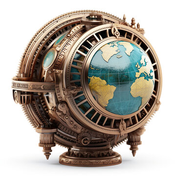 Globe Earth in steampunk style symbolic isolated on white background. Concept generative AI image. Symbol of retro design