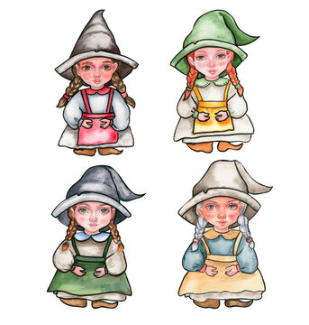 Little witch in hat. Watercolor hand drawn illustration. Can be used for halloween party or posters.