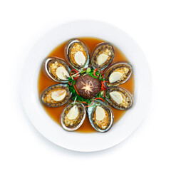 Steamed Abalone with Garlic decoration Mushroom Chinese New year menu Style topview