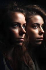 Portrait of two blonde women, close-up, natural soft lighting, ai generated art