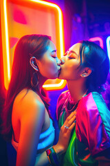 Asian Women Share a Kiss in Crowded Club. Generative AI