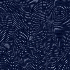 Halftone effect from dots, 3D grid surface. Wavy uneven surface. Minimalistic design. Abstract distorted background.