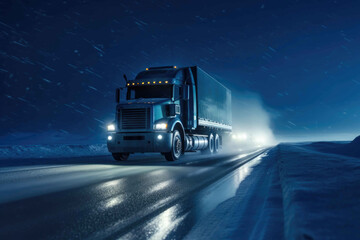 Ice Road Trucking in a Snowy Valley. Generative AI