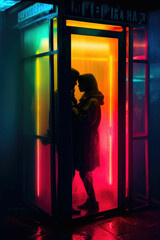 Neon Street Serenade in a Glass-Enclosed Phone Booth. Generative AI