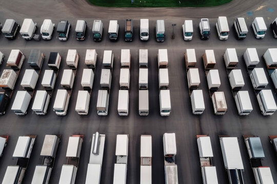 Drone view of a parking lot with many trucks. Generative AI