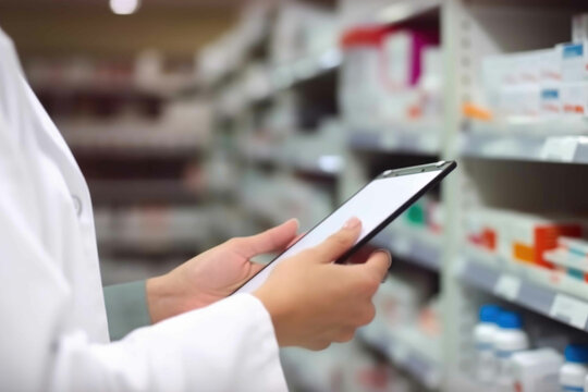 Female pharmacist monitoring inventory on a tablet. Generative AI