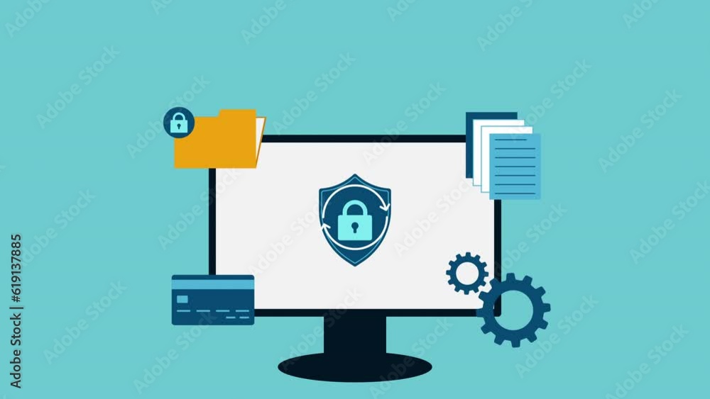 Poster global data security concept animation with monitor, credit or bank card, document and padlock.