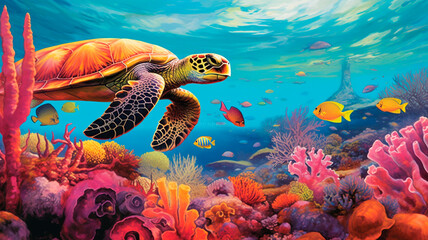 Fototapeta na wymiar A Vibrant Coral Reef with Schools of Rainbow-Colored Fish and a Sleeping Sea Turtle. Generative AI