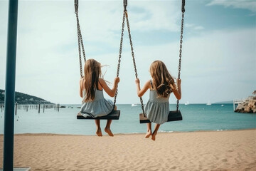 Beautiful Kids Swinging at the Beach. Generative AI