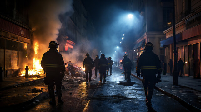 Firemen walking towards fire from Protests