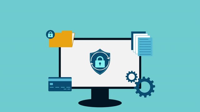 Global data security concept animation with monitor, credit or bank card, document and padlock.