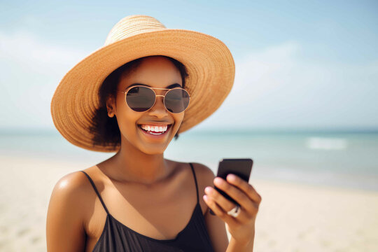 A Beach Woman Smiling Through Her Cellphone. Generative AI