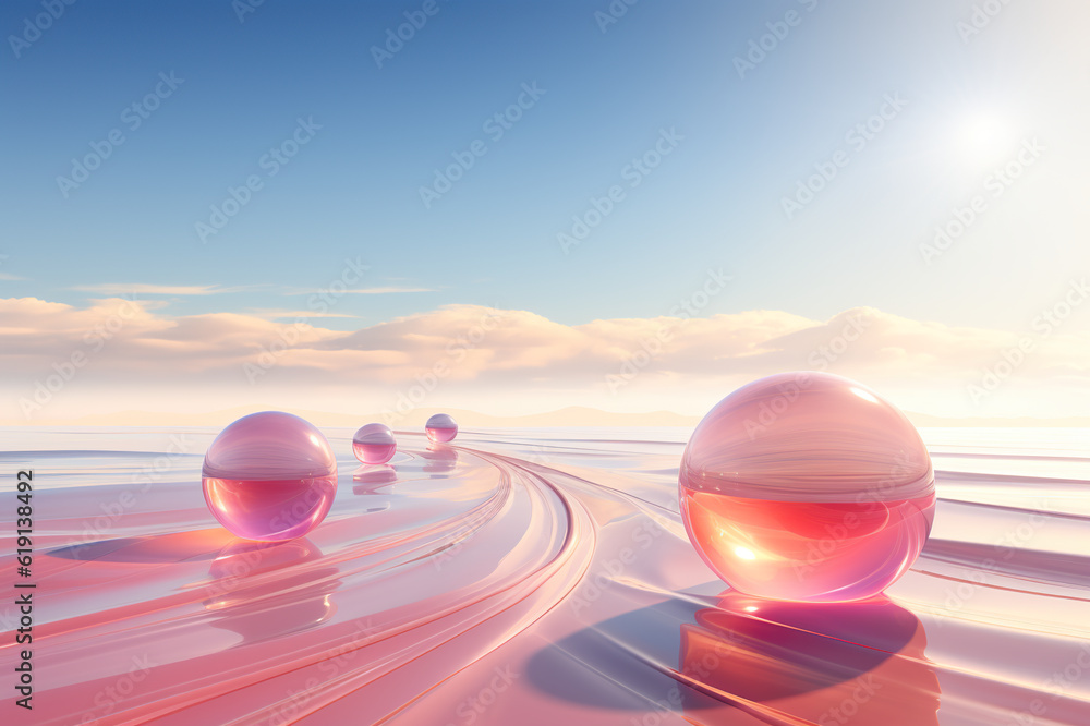 Poster a group of spheres floating on top of a body of water. generative ai. abstract digital art object.