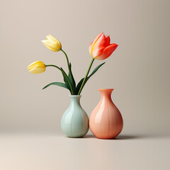 A pair of vases and flowers on a minimalist background in soft and warm tones