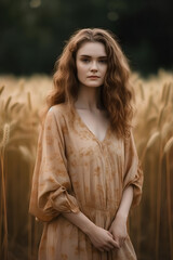portrait of a European woman in simple rustic clothes on a field background, , natural photo, soft light, ai generative art