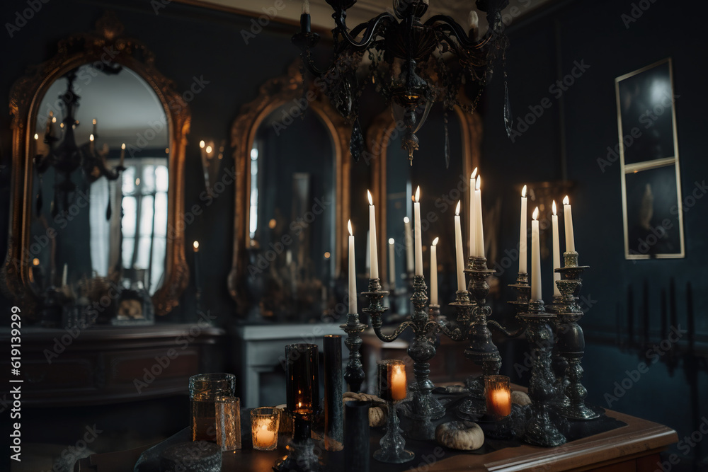 Poster a table topped with lots of candles next to a mirror. ai generative. elegant dining room in gothic o