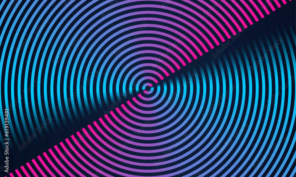 Poster abstract circle line pattern spin blue pink light isolated on black background in the concept of mus