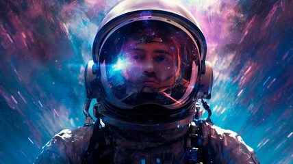 Astronaut in space with stars, a galaxy, a purple and blue nebula, and galaxies reflected in his helmet. Generative AI