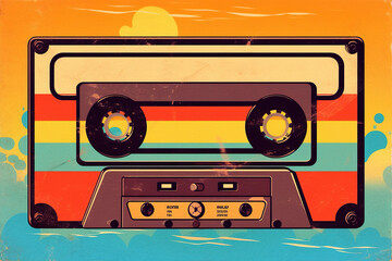 An audio tape, cassette with a colorful background. Retro object, generative AI image.