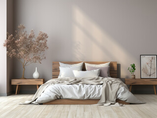 Modern bedroom interior background blank wall mockup, Mockups Design 3D, High-quality Mockups, Generative Ai