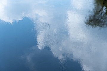 Blue sky mirror reflection and beautiful clouds in river. Ripple of heaven on surface water of white cumulus clouds. Abstract calm nature background. Pattern and wallpaper of amazing cloudscape.