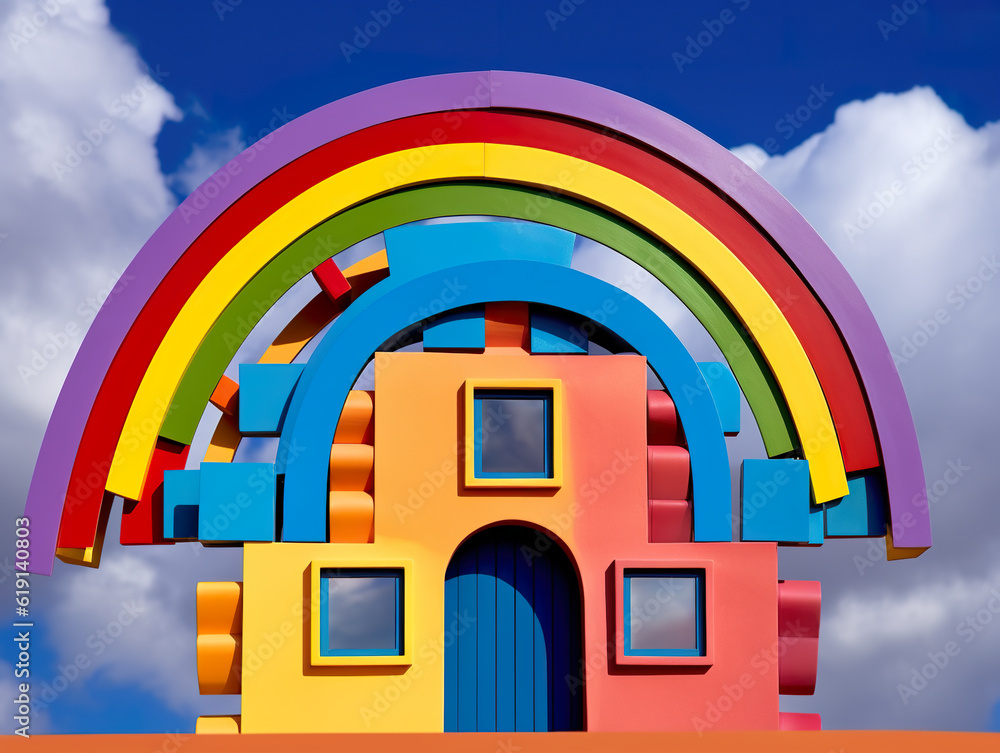 Poster a colorful building with a rainbow painted on it. generative ai.