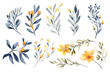 Watercolor of Tropical spring floral green leaves and flowers elements isolated on transparent png background, bouquets greeting or wedding card decoration, with Generative Ai.