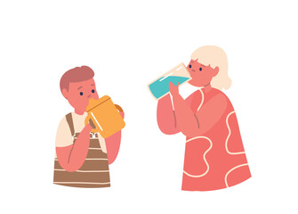 Children Drink, Healthy Refreshment, Thirst and Body Hydration. Kids Drinking Clean Water. Little Boy and Girl Character