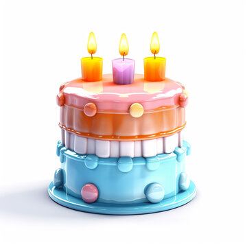 A cute Birthday cake with pastel colored cream and candles, clipart on white background, generative AI image