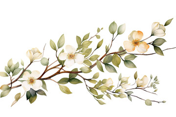 Watercolor of Tropical spring floral green leaves and flowers s isolated on transparent png background, bouquets greeting or wedding card decoration, with Generative Ai. - obrazy, fototapety, plakaty