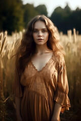 portrait of a European woman in simple rustic clothes on a field background, , natural photo, soft light, ai generative art