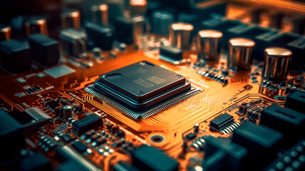 Close up of an electrical circuit board with a CPU, a microchip, and other electronic components in the background. Generative AI