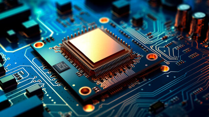 Close up of an electrical circuit board with a CPU, a microchip, and other electronic components in the background. Generative AI