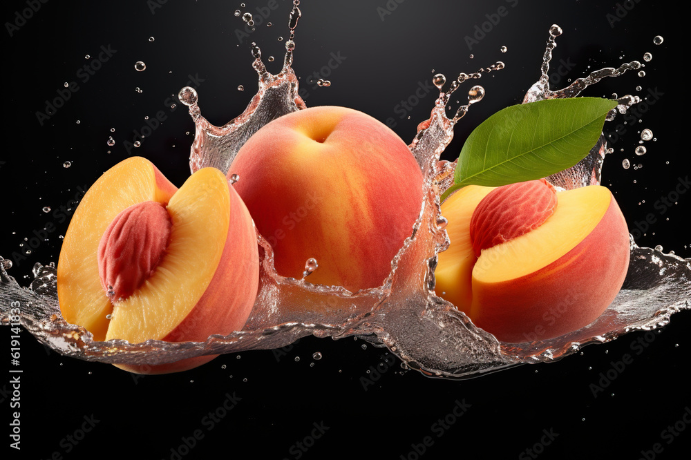 Poster a group of peaches are splashing into the water. generative ai. water or juice splash on black backg