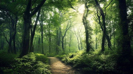 Beautiful green forest with good light.Generative Ai.