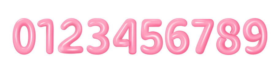 3d pink numbers from 0 to 9. A set of pink plastic volumetric numbers 0, 1, 2, 3, 4, 5, 6, 7, 8, 9 with highlights.