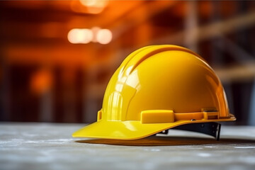 Yellow helmet engineer worker safety construction background.Generative Ai.
