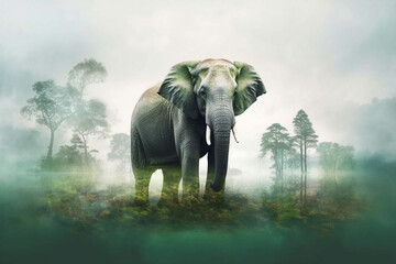 Double exposure Elephant with green forest.Generative Ai.