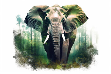 Double exposure Elephant with green forest.Generative Ai.