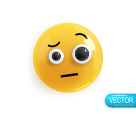 Emoji face surprise with a raised eyebrow. Realistic 3d Icon. Render of yellow glossy color emoji in plastic cartoon style isolated on white background. Vector illustration