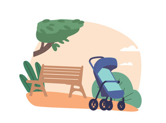 Serene Summer Park Setting With A Comfortable Bench And A Nearby Baby Stroller, Providing A Peaceful Spot