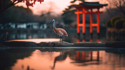 Flamingo on river with Torii gate and sunset background.Generative Ai.