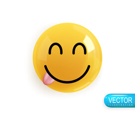 Emoji face smiling and showing tongue. Realistic 3d Icon. Render of yellow glossy color emoji in plastic cartoon style isolated on white background. Vector illustration