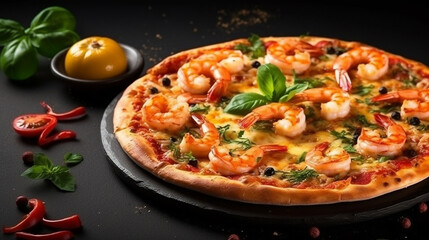 Fresh shrimp pizza on black  background.Generative Ai.