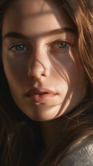 Fototapeta premium portrait of a blonde European woman with clear eyes, close-up, soft light, ai generative art
