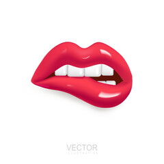 3d vector icon red lips. Sexually bitten lip with teeth. Realistic elements for romantic design. Isolated object on white background